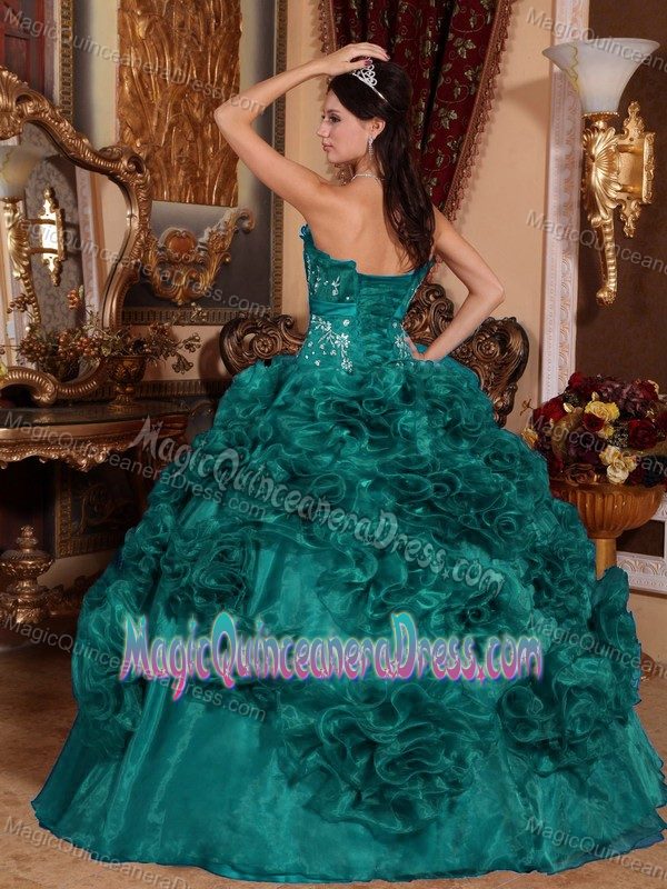 Turquoise Strapless Organza Quinceanera Dress with Appliques in Carmen
