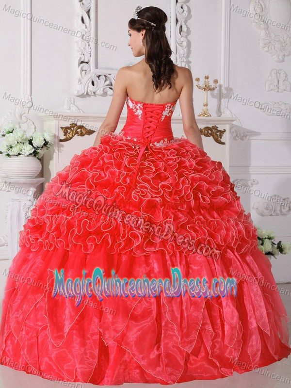 Coral Red Strapless Embroidered Quince Dress with Beading in Tejar Costa Rica