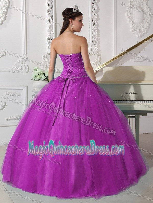 Strapless Tulle Beaded Ruched Quinceanera Gown Dress in Fuchsia in Liberia