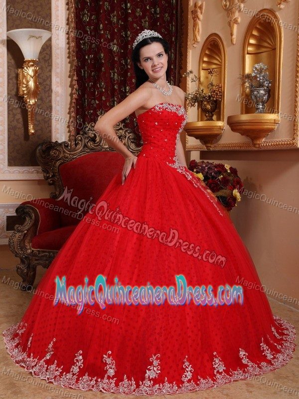 Strapless Floor-length Lace Appliqued Quinceanera Dress in Red in Cartago