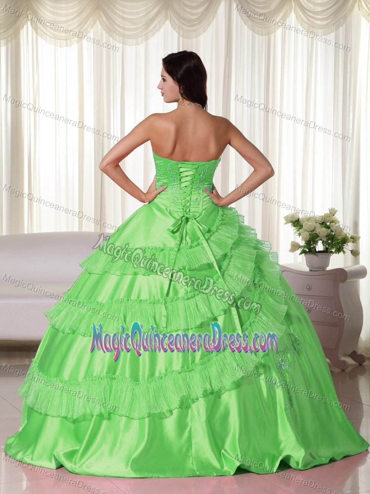 Spring Green Strapless Taffeta Quince Dress with Embroidery in Espinal