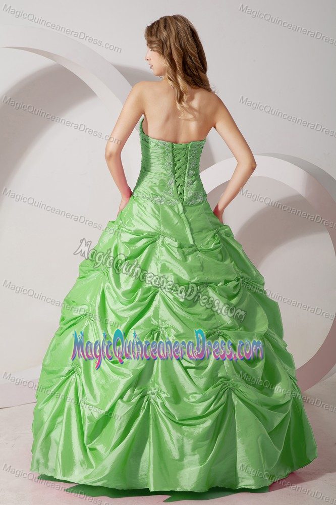 Apple Green Strapless Taffeta Quince Dresses with Appliques in Palmira