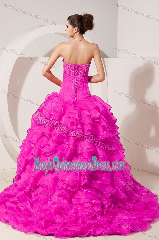 Hot Pink Sweetheart Taffeta Beaded Sweet 15 Dress with Brush Train in Bellevue