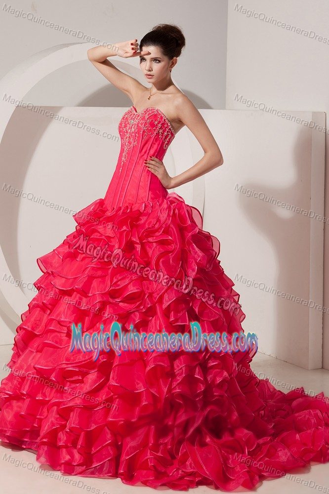 Sweetheart Taffeta Coral Red Beaded Quince Dress with Brush Train