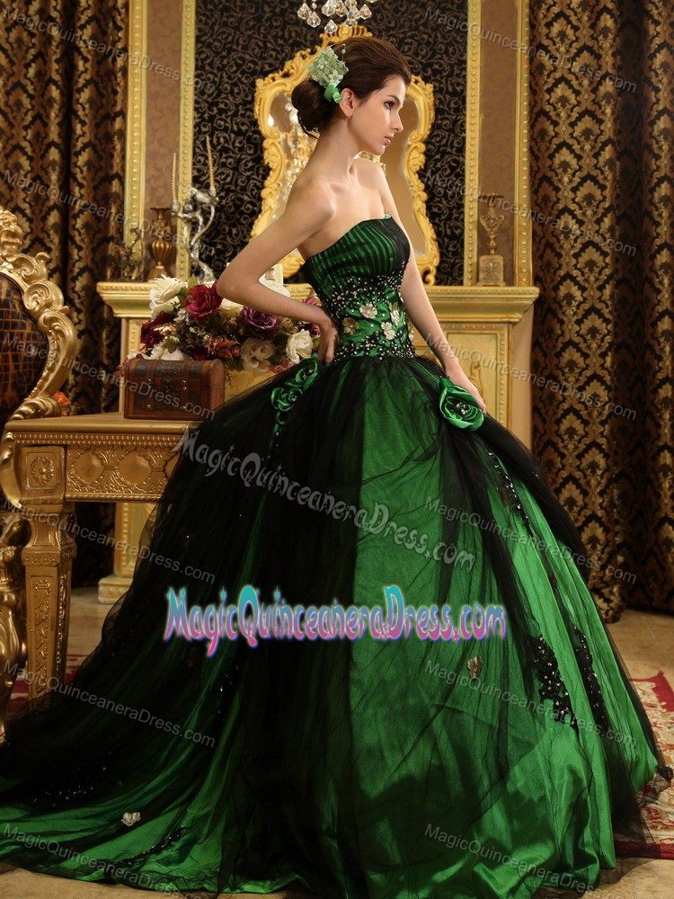 Green and Black Hand Flowery Quinceanera Dress with Beading in Neiva