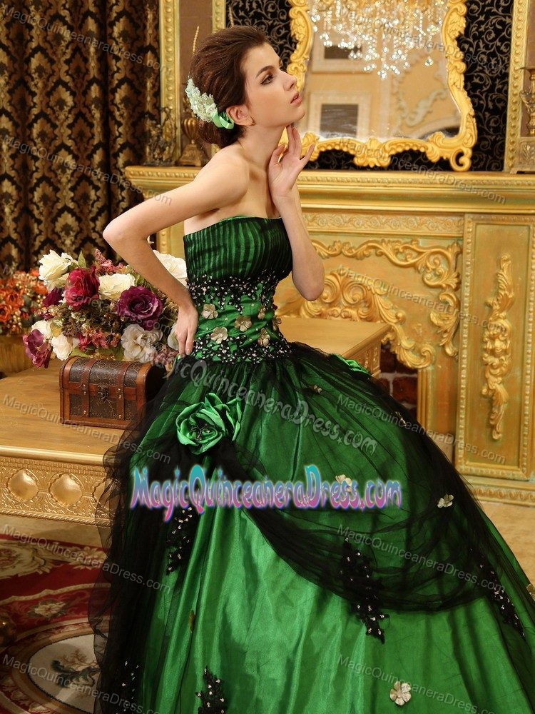 Green and Black Hand Flowery Quinceanera Dress with Beading in Neiva