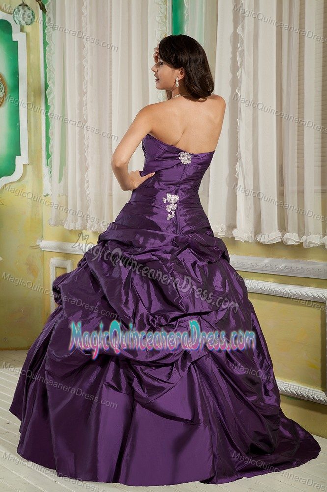 Purple Strapless Floor-length Taffeta Appliqued Quinceanera Dresses