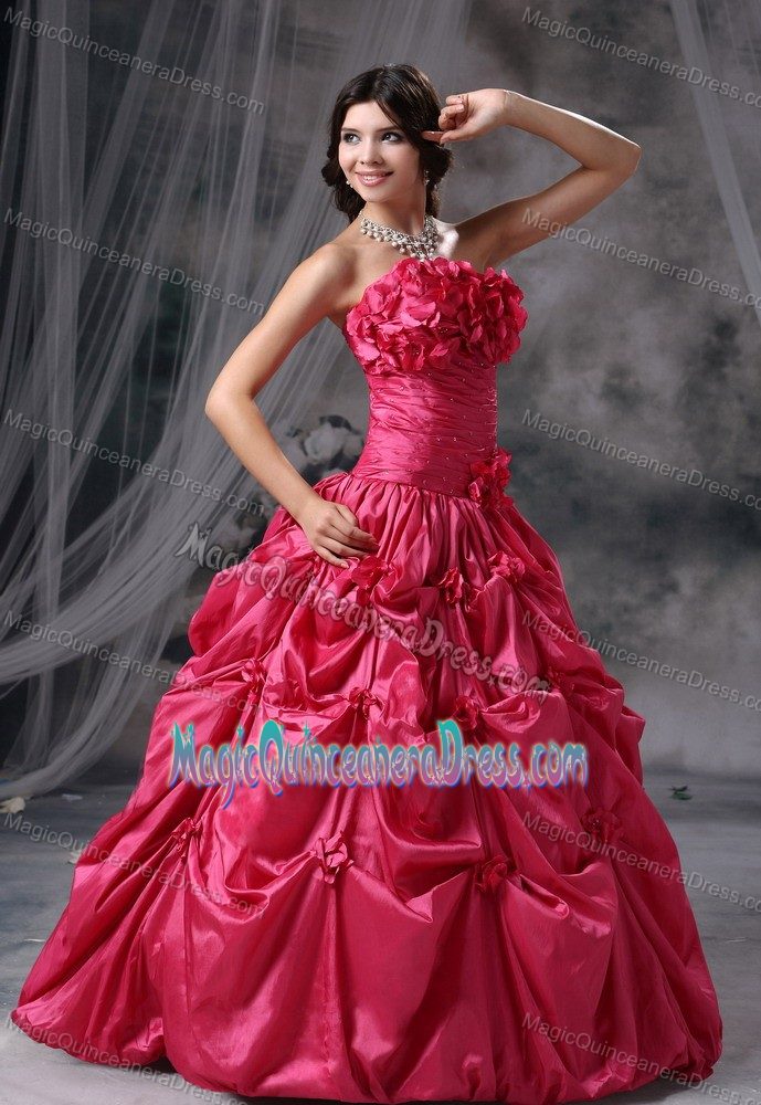Ruched Coral Red Quince Dress with Hand Flowers and Pick-ups in Palmira