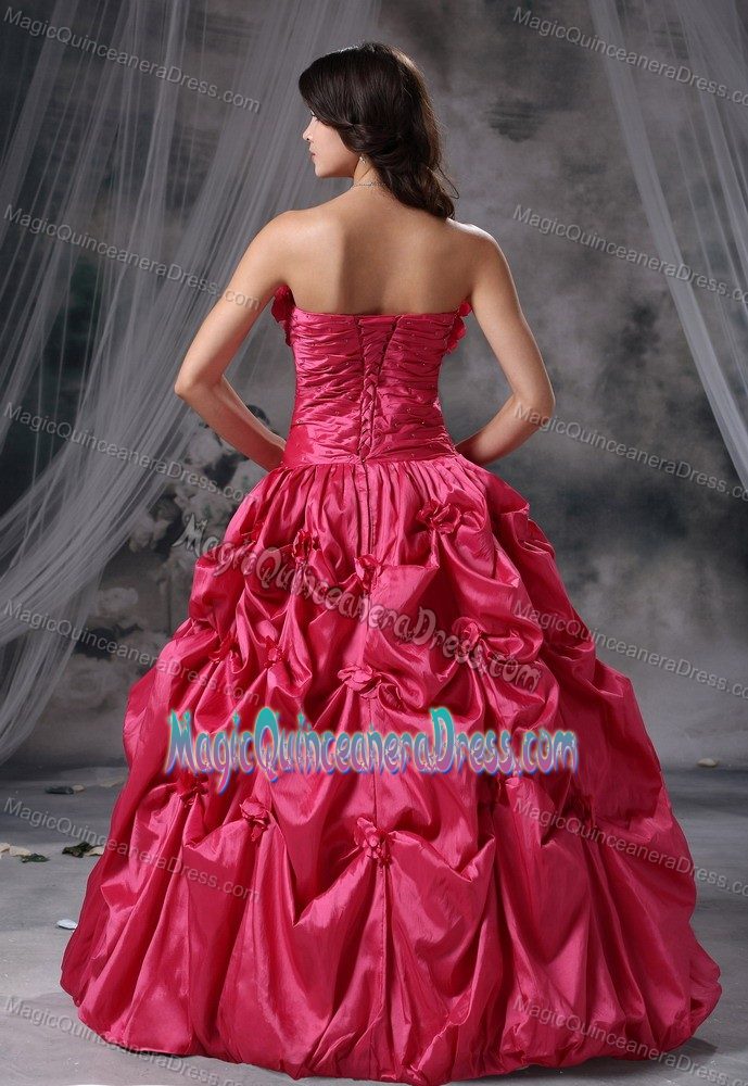 Ruched Coral Red Quince Dress with Hand Flowers and Pick-ups in Palmira