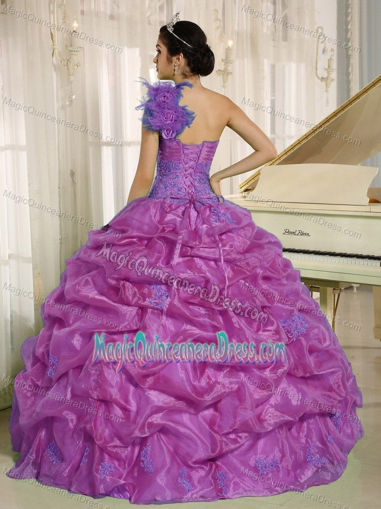 Lavender One Shoulder Quince Dress with Embroidery and Pick-ups in Auburn
