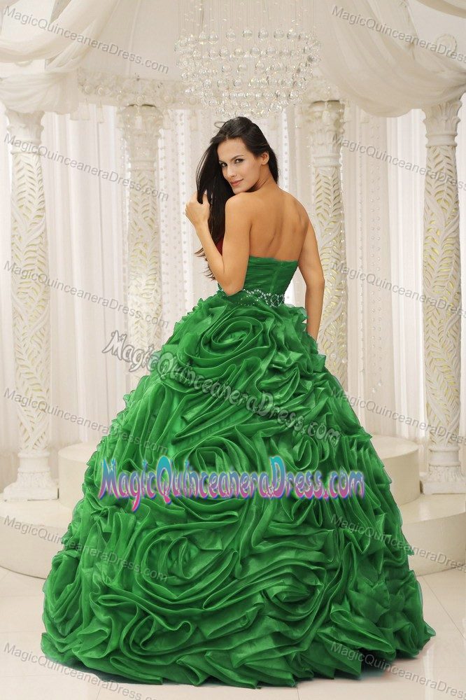 Clear Diamonds Ruche Rolling Flowers Green Quinceanera Gown Dresses
