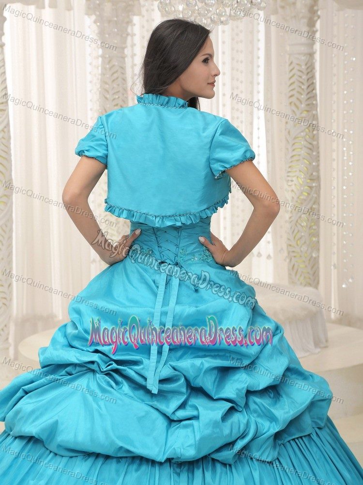 Embroidery Ruche and Pick Ups Aqua Blue Dress for Quince in West Liberty