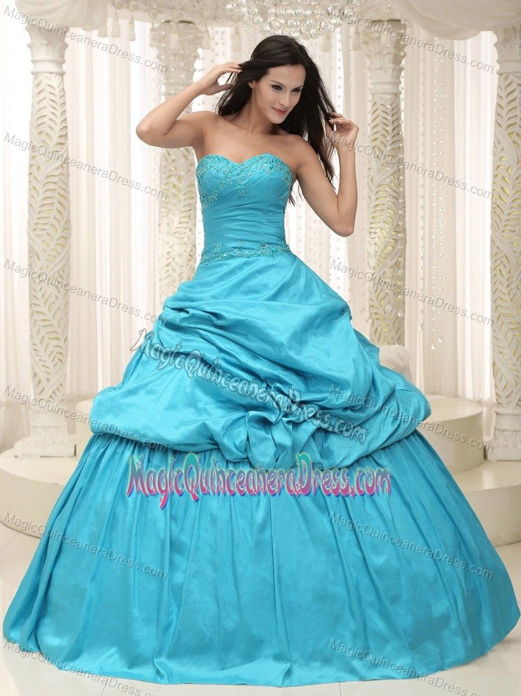 Embroidery Ruche and Pick Ups Aqua Blue Dress for Quince in West Liberty