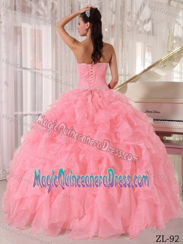 Watermelon Red Ruffles Ruche and Beading Quinceanera Gowns on Sale