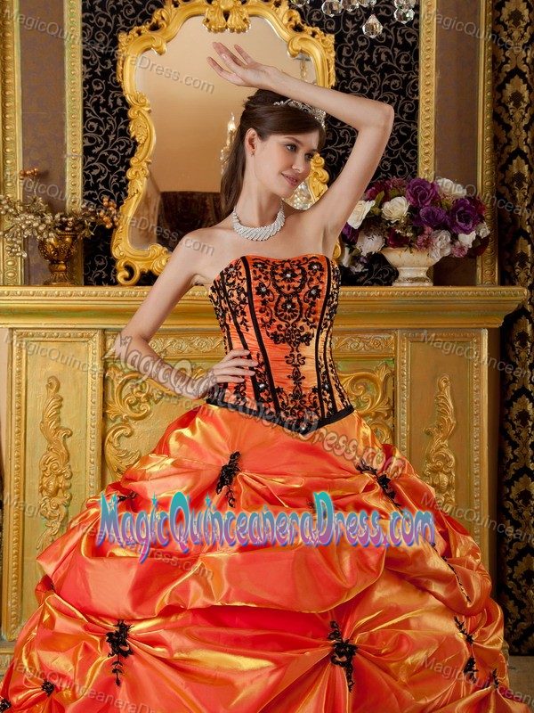 Orange Red Strapless Pick Ups and Embroidery Dress For Quince on Sale