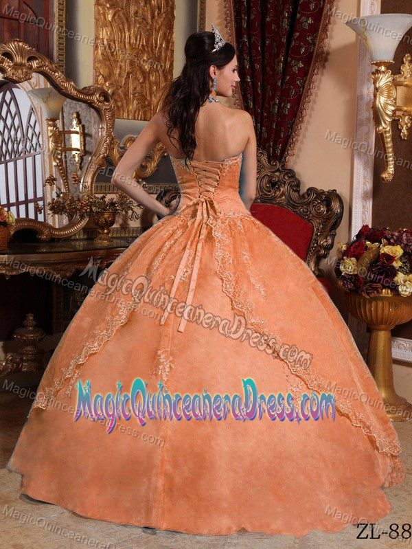 Fashion Orange Red Quinceanera Gown Dress with Ruche and Appliques