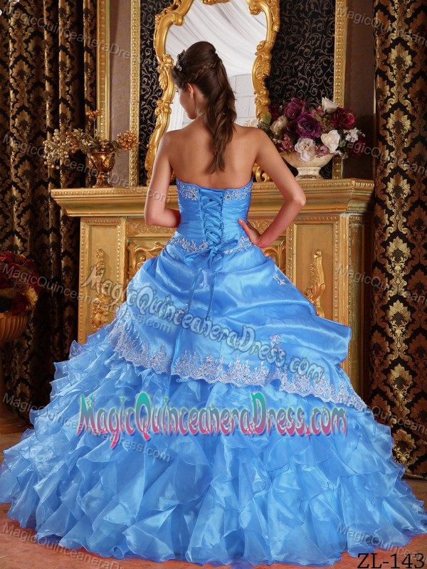 Ruching Lace and Ruffled Layers Blue Dress for Quince in Walla