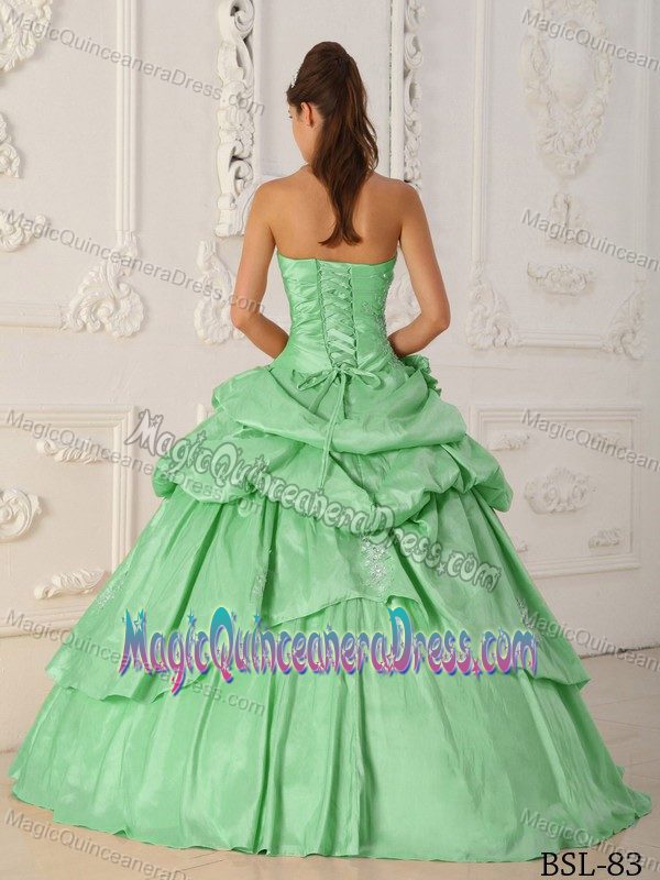 Beaded Appliques Pick Ups and Flowers Apple Green Quinceaneras Dress