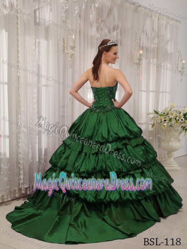 Popular Sweetheart Court Train Taffeta Appliqued Quinceanera Dress in Green