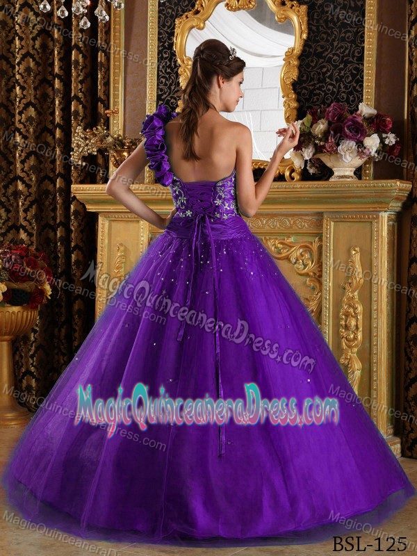Purple A-Line / Princess One Shoulder Floor-length Tulle Beading Quinceanera Dress