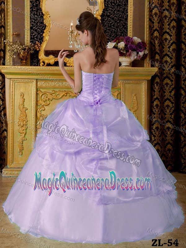 Lilac Ball Gown Strapless Floor-length Organza Beading Ruched Quinceanera Dress