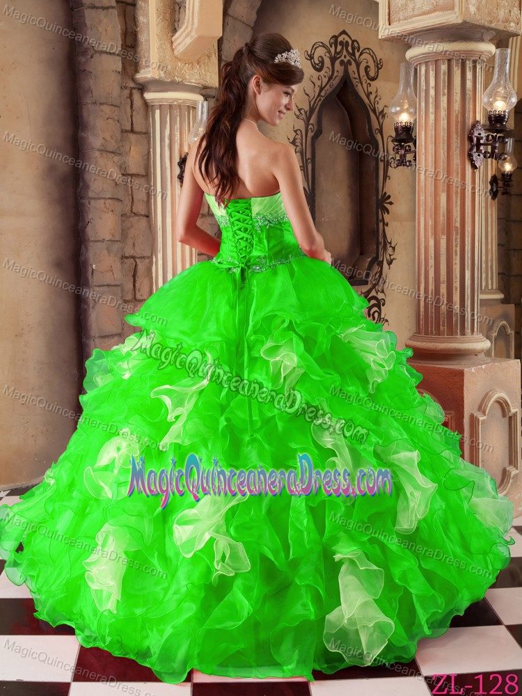 Spring Green Strapless Organza Quinceanera Dress with Beading and Ruffles
