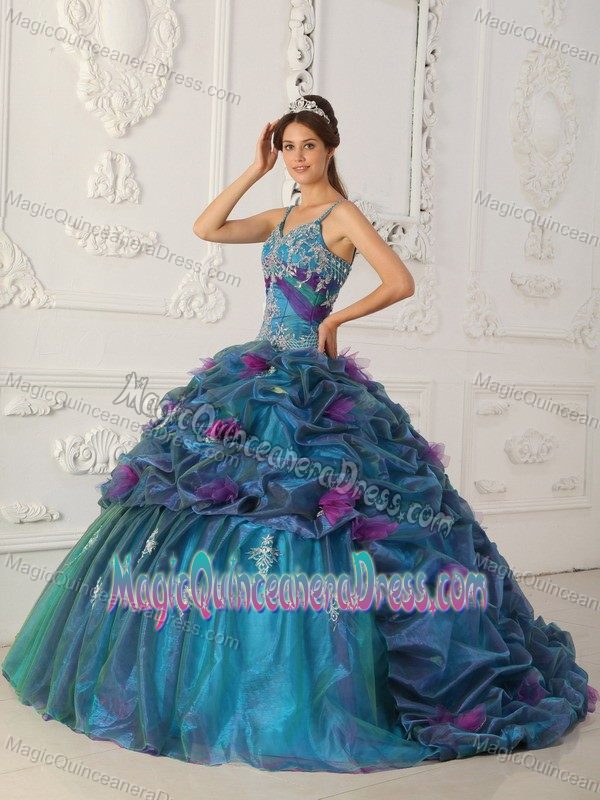 Teal Straps Organza Embroidery and Beading Quinceanera Dress in Charleston SC