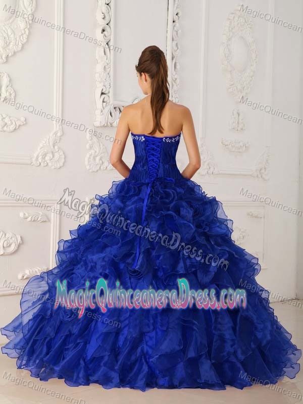 Royal Blue Strapless Organza Quinceanera Dress with Embroidery in Providence RI