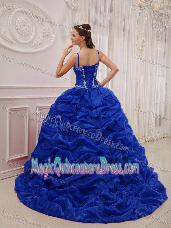 Royal Blue Spaghetti Straps Organza Beaded Quinceanera Dress with Court Train