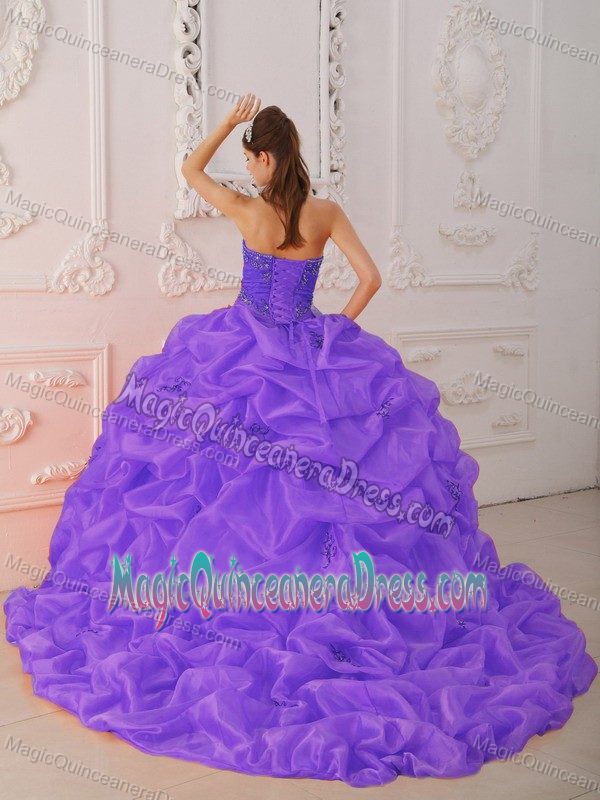 Purple Sweetheart Taffeta Beading and Appliques Quinceanera Dress with Train