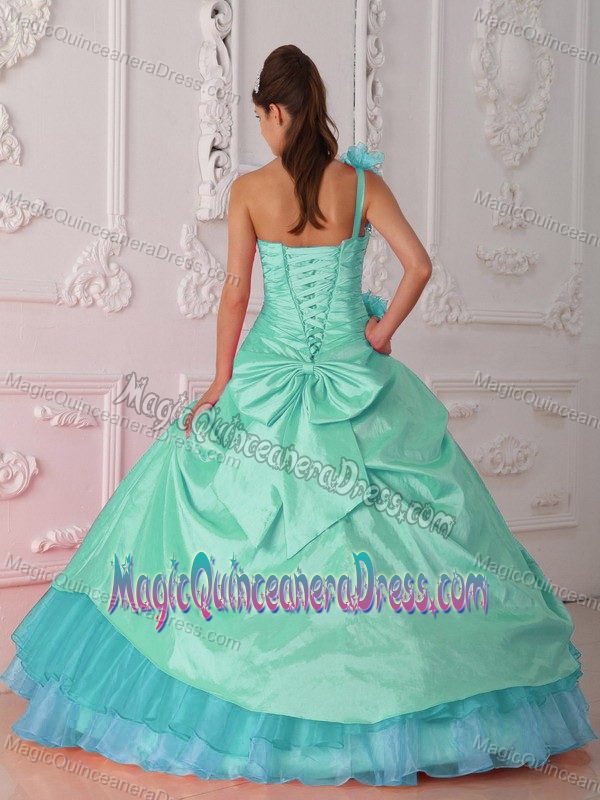 Apple Green One Shoulder Organza and Taffeta Beading and Flowers Quince Dress