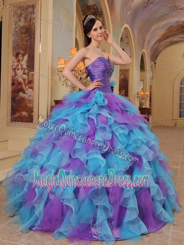 Purple and Aqua Blue Sweetheart Ruffles Organza Quinceanera Dress Manassas VI