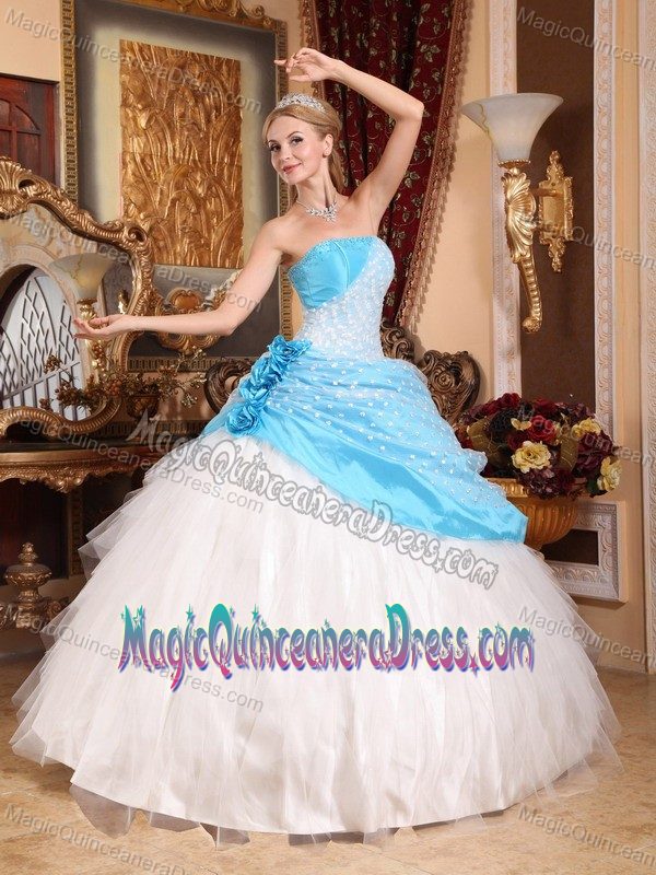 Strapless Taffeta and Tulle Quinceanera Dress with Hand Made Flowers and Beading