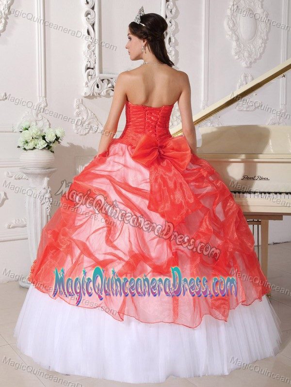 Coral Red and White Strapless Taffeta and Organza Appliques Quinceanera Dresses