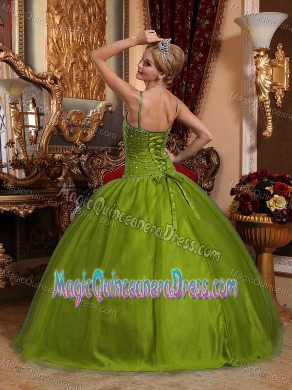Tasty Beaded Olive Green Spaghetti Straps Quinceanera Dress in West Valley City
