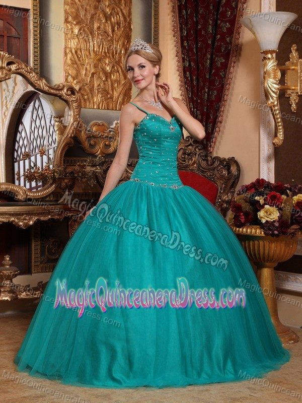Desirable Teal Spaghetti Straps Quinceanera Dress with Ruching and Beading