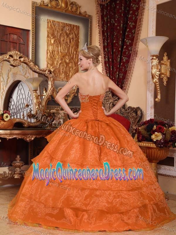 2013 Hot Sale Strapless Organza Appliques Quinceanera Dress in Orange