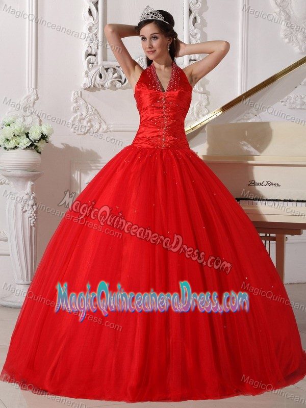 Romantic Red Tulle Beading Halter Top Red Quinceanera Dress with Lace -up