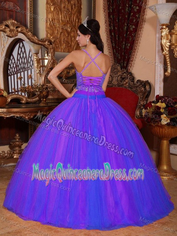 V-neck Floor-length Taffeta and Tulle Beaded Quinceanera Dress in Duitama