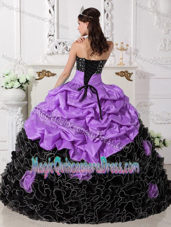 Purple and Black Organza Beaded Dress for Quince with Rolling Flowers