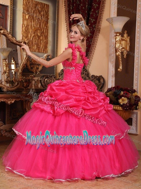 One Shoulder Beaded Quinceanera Dress in Hot Pink with Pick-ups in Florida