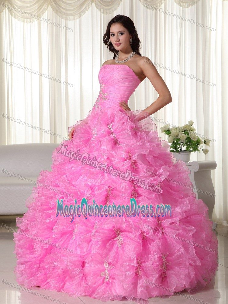 Rose Pink Strapless Organza Quinceanera Dress with Appliques in Malambo