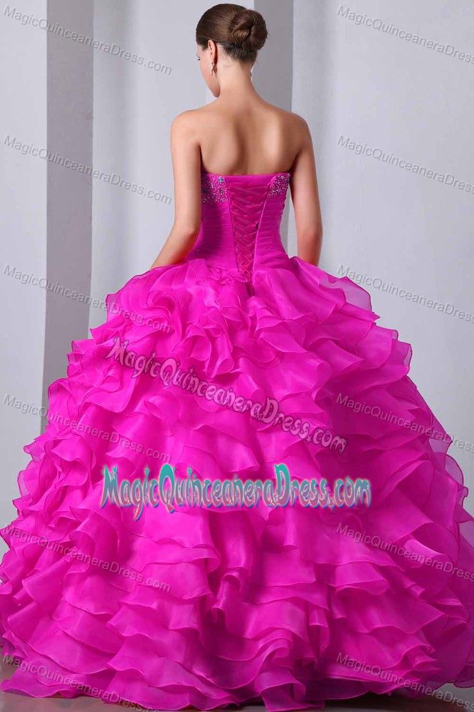 Sweetheart Organza Beaded Ruffled Quinceanea Dress in Hot Pink in Cartago