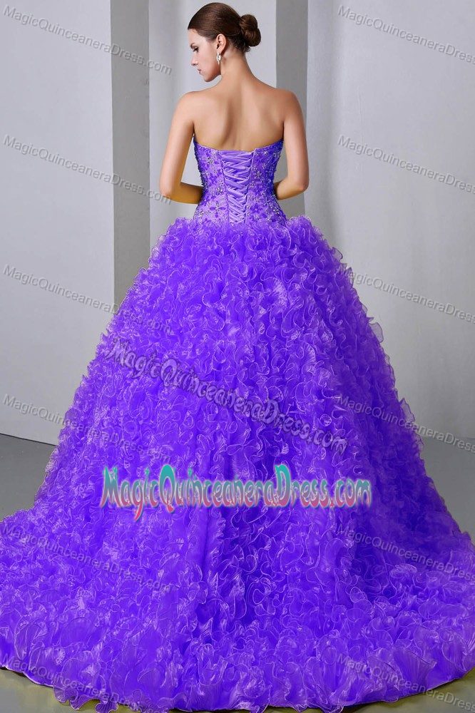 Purple Sweetheart Beaded Ruffled Quince Dress with Brush Train in Soacha