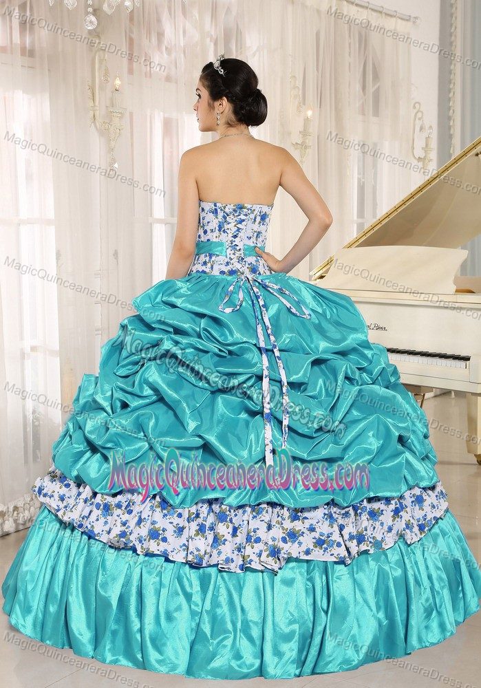 Beaded Quinceanera Dress with Pick-ups and Printing in Aqua Blue