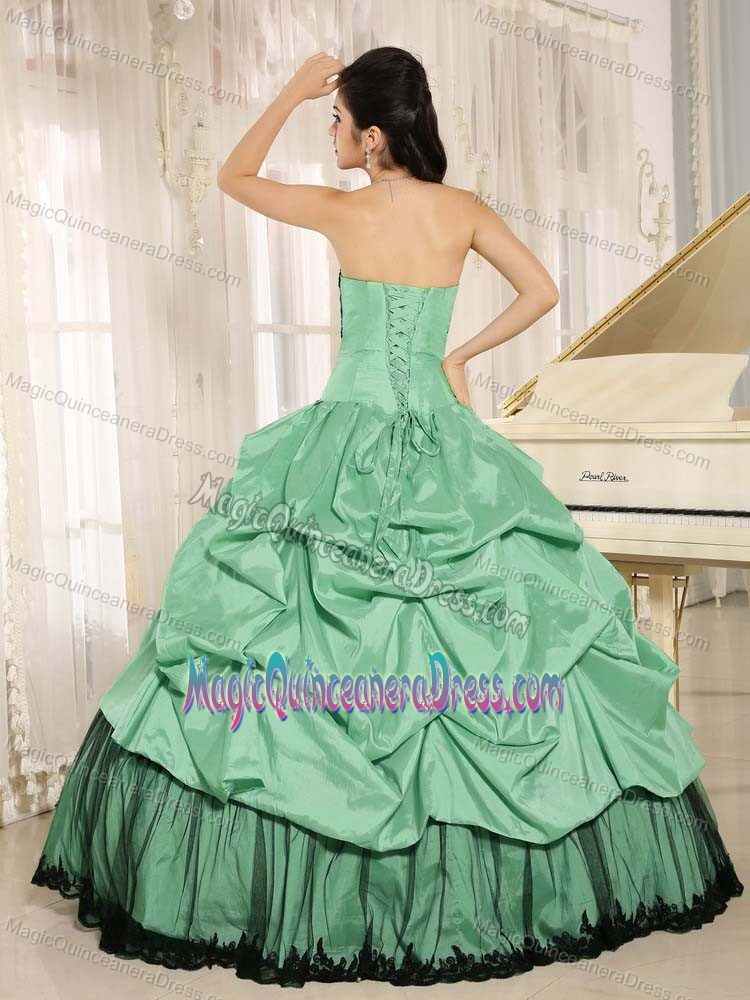 Green and Black Taffeta Appliqued Quinceanera Dress with Pick-ups