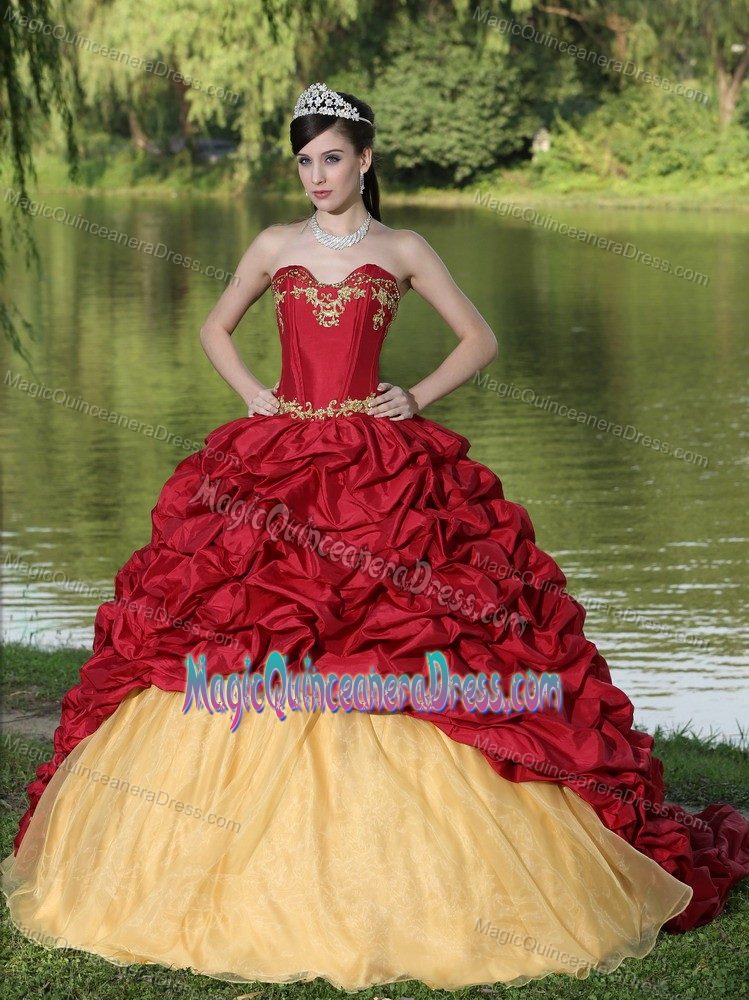 Wine Red Brush Train Red Quinceanera Dress with Pick-ups in Monteria Colombia