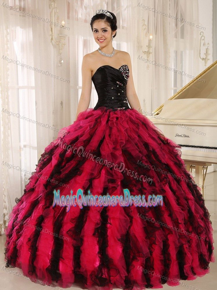 Beaded Ruffled Sweetheart Black and Hot Pink Quinceanera Dresses