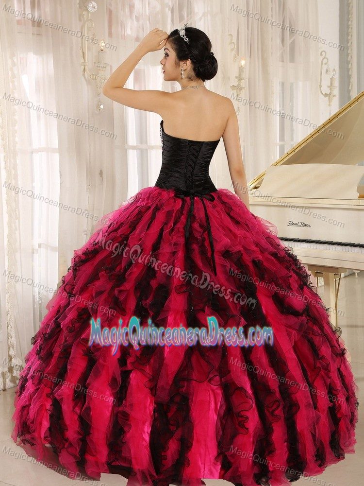 Beaded Ruffled Sweetheart Black and Hot Pink Quinceanera Dresses