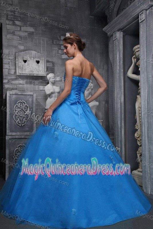 Blue Taffeta and Tulle Beaded Quinceanera Dress with Appliques in Mejillones